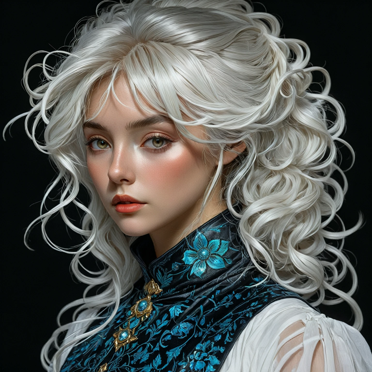 Hyperrealistic depictions of female characters by David Hockney and Alphonse Mucha, fantasy art, realistic art, dynamic lighting, ArtStation, Volumetric lighting, very detailed faces, 8 thousand.,Full HD, award-winning,, 1 girl, In the dark, deep shadow, restrained, cowboy shot, (Formal attire: 1.4), long hair, White hair, hair with black glitter