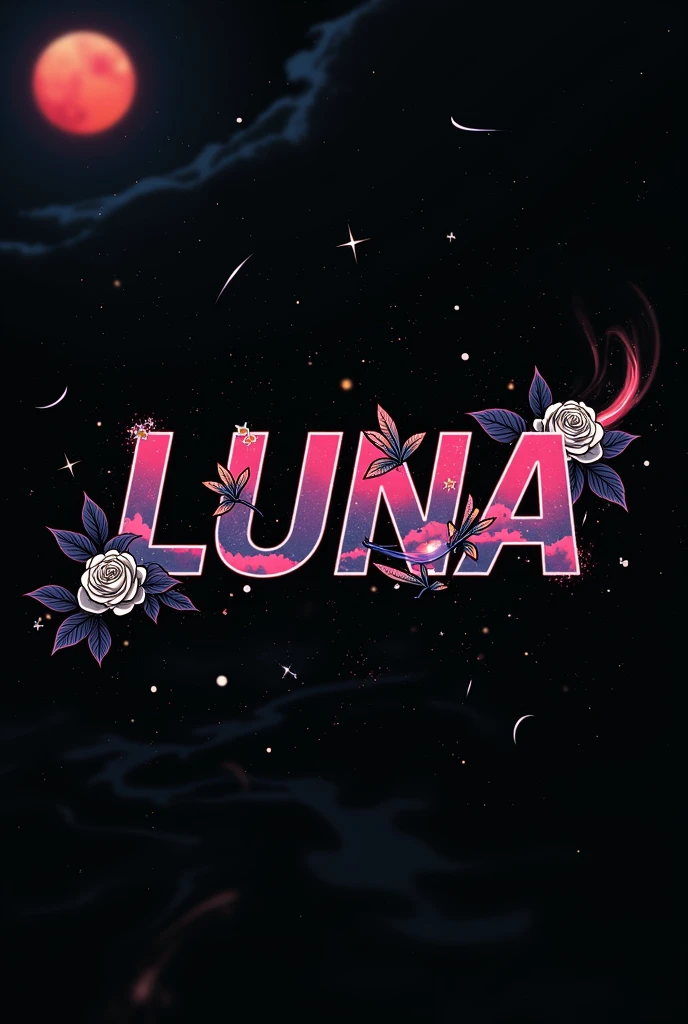 High resolution, logo spelling swiftly “Luna” cool, Jdm theme, anime theme, Cyberpunk vibe name spelling, brand logo, logo for tshirt, brand logo “LUNA”, neon vibes, acid trip vibes, acid trip, shooting stars, acid trip inside “LUNA”, acid trip, hallucinations inside “LUNA”, Waves of hallucinations, stars in the background, red strange moon, white roses with green leaves, blood moon, 