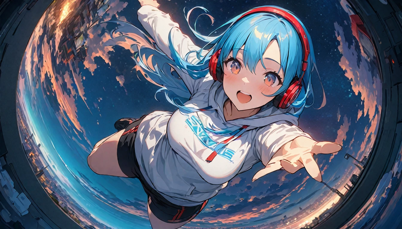 ((Super detailed))/(((masterpiece、An illustration、最high quality)((Super detailed))/),8k HDディテール、Hyper Detail、Cinematic、。---v6、((Amazingly absurd)),超High resolution、Attention to detail、high quality、High resolution、最high quality、4K、8k、1 pretty girl、Blue Hair、eye、White tight hoodie、Red headphones、Black shorts、Night view、Starry Sky、Fisheye Lens、Falling from the sky