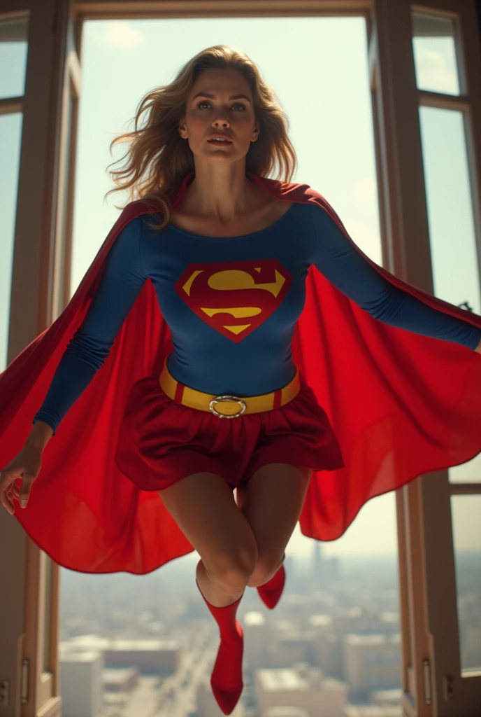 open window(((full body view))); Supergirl 1984s Julie Hagerty(((very beautiful old Supergirl (((1984s Supergirl movie costume))); Julie Hagerty))) Super old woman Julie Hagerty; full body; stretched in the air, confident, powerful, indestructible, attractive; flutuando no ar. 