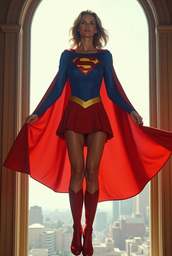 open window(((full body view))); Supergirl 1984s Julie Hagerty(((very beautiful old Supergirl (((1984s Supergirl movie costume))); Julie Hagerty))) Super old woman Julie Hagerty; full body; stretched in the air, confident, powerful, indestructible, attractive; flutuando no ar.