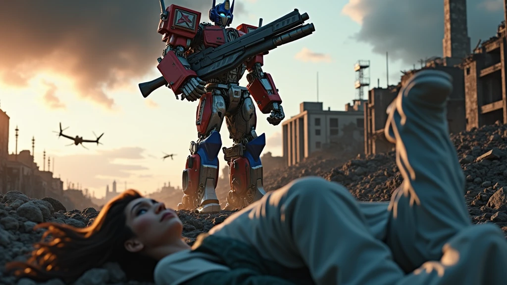 a post-apocalyptic scene, a giant robot Optimus Prime angrily holding a gun, a television man dead on the ground, detailed mechanical parts, dramatic lighting, gritty weathered textures, cinematic composition, muted color palette, dystopian atmosphere