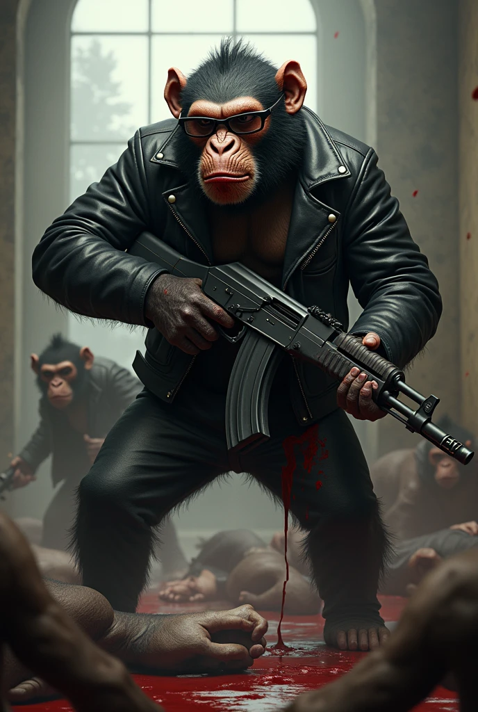 "A fierce anthropomorphic monkey, similar to the second image, wearing a black leather jacket and glasses, is standing in the center of a chaotic scene. The monkey is holding an AK-47 with a menacing expression, blood splattered on its face and jacket. The background shows a room filled with other monkeys, most of them lying on the ground, defeated. The scene is intense, with the aftermath of a brutal battle evident in the surroundings."