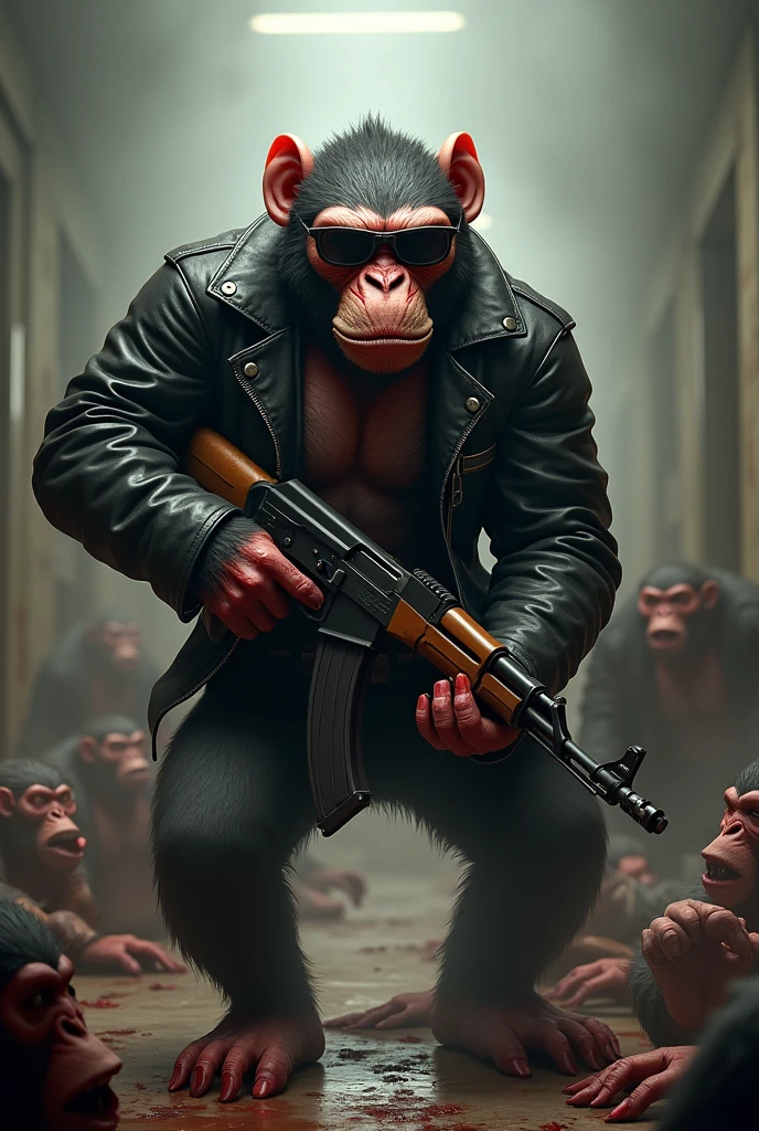 "A fierce anthropomorphic monkey, similar to the second image, wearing a black leather jacket and glasses, is standing in the center of a chaotic scene. The monkey is holding an AK-47 with a menacing expression, blood splattered on its face and jacket. The background shows a room filled with other monkeys, most of them lying on the ground, defeated. The scene is intense, with the aftermath of a brutal battle evident in the surroundings."