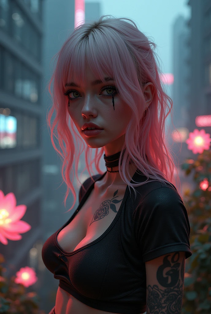 Misty,Looking to side,Illuminated glowing flowers,Illuminated flower garden,Lens flare,Closeup,Tiny bra,Fully tattooed,Dirty face,See though black t-shirt ,dirty see through t-shirt ,Haliee steinfeld,dark sky,Gothic style,misty,futuristic city views,Neo futurism,large futuristic buildings,Black Lattice walls,Closeup,heavy black eye makeup,young Caucasian girl,looks like joi from bladerunner,black eye makeup running down face,bokeh, looks like joi from blade runner,looks like ana de armas,stylish long pink hair with blonde highlights,ultra HD,intricate details,3d render,hyper maximalist, lens flare,High-definition, Premium, Superior, Professional, Flawless, Exquisite, High-end, Photorealistic, Textured, Impressive, Hyperrealistic, High- resolution, Lifelike, Masterpiece, High dynamic range (HDR), PBR (Physically Based Rendering), Post-processing effects, Dynamic composition, Ray tracing, Ultra detailed, High quality, Sharp focus, Translucency, Naturalistic, Organic textures, Highly detailed, Details, Full HD, Depth of field, Realistic lightin