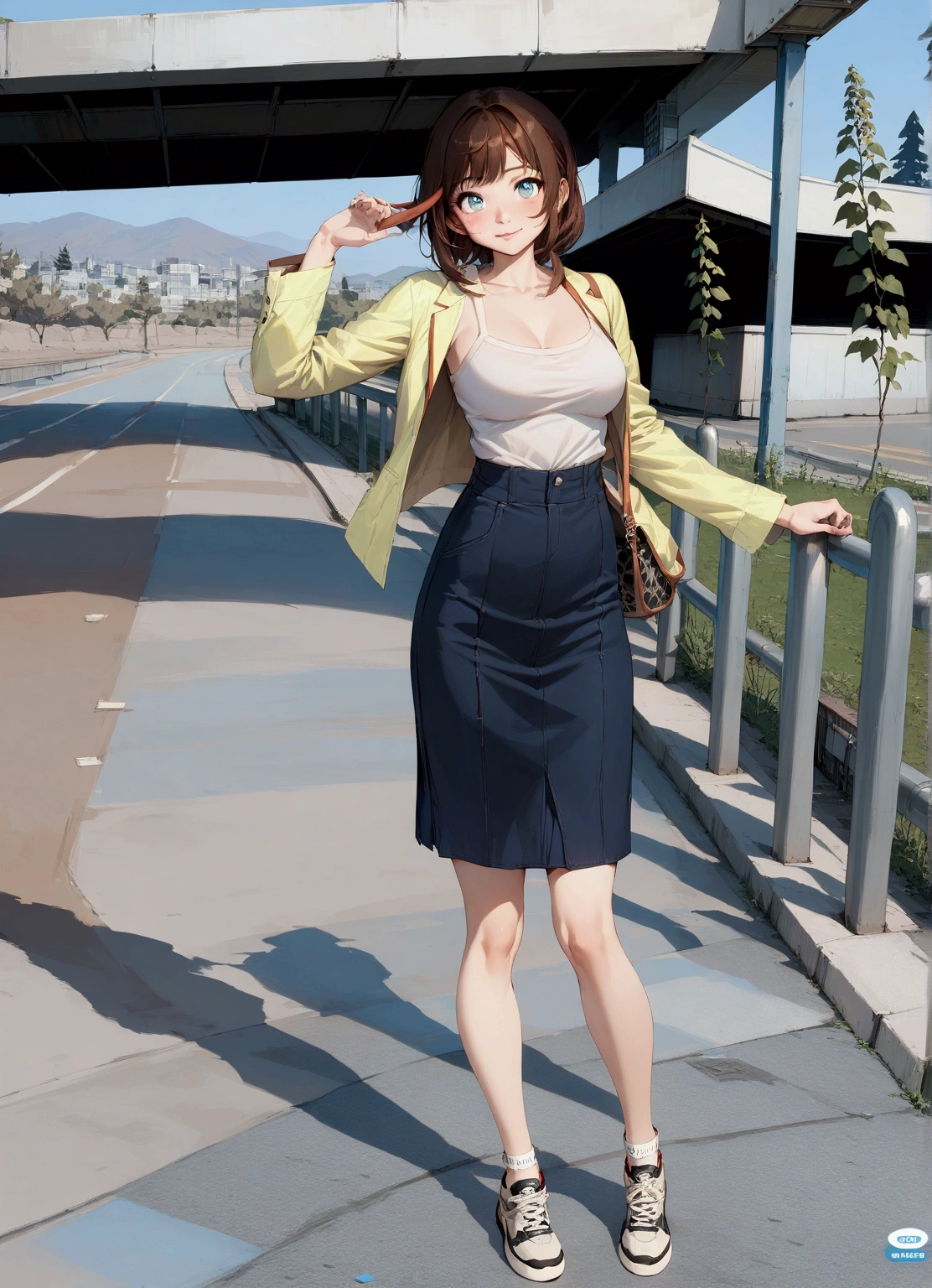 realistic anime illustration of brown long pixie cut young woman is posing at park under the highway, dark navy-blue denim pencil cargo skirt, black sneakers, (1girl, solo, full body), (masterpiece, best quality, japanese anime style), (expressive eyes, perfect face, perfect body)