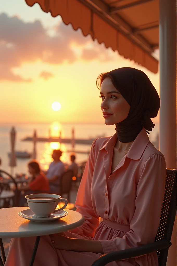 masterpiece, best quality, highly detailed, hyperrealistic, photorealistic:1.1,beautiful 20s French model, terrace, beach, cafe, at sunset, navy polo
polite shirt: 1.2, sitting, very detailed face, black hijab, blowing in the wind, pale skin, sweet smile, cup of hot chocolate.