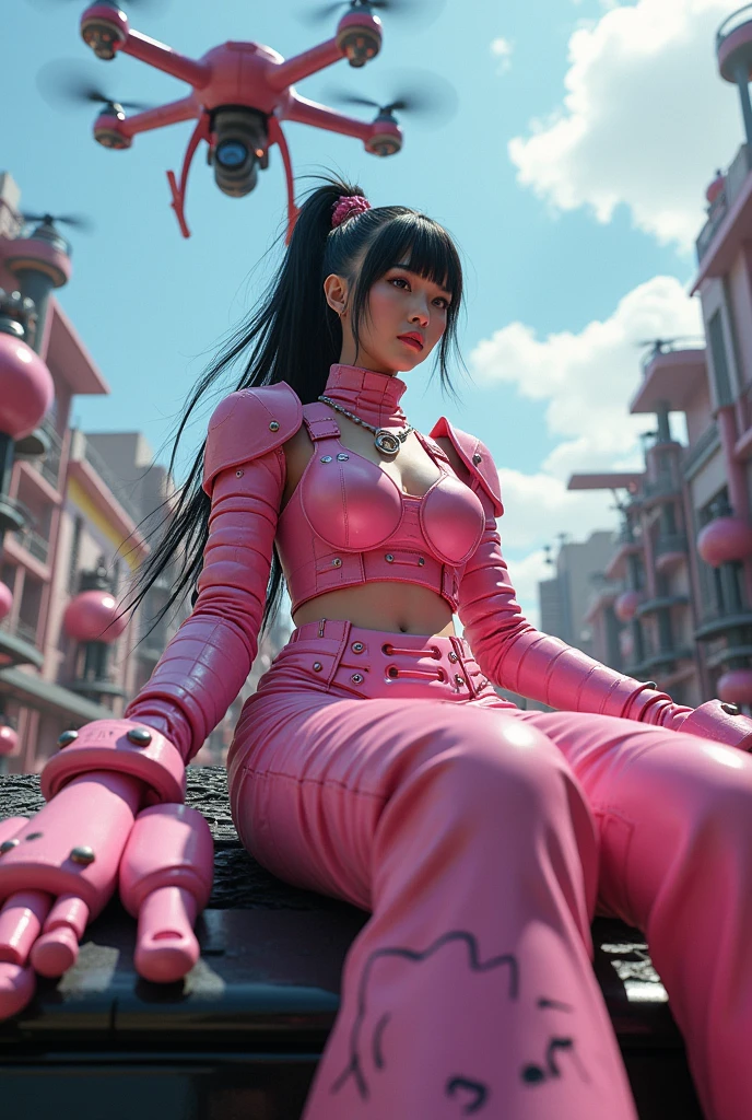 creative angle moving dynamic view of A pretty Asian girl 20yo, ( beauty face and angry), long black messy hair bang bun, ( lalisa style) wear a pink future armor At a large pink & black military tank and pink vehicles hello kitty pattern. She sitting on tank, and surrounded by steampunk-style machinery and hello kitty robots with futuristic gear details. A large drone hovers above them. Elaborate costumes and accessories in punk fantasy style. lively, dark, sunlight, sky
