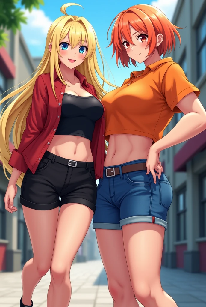 two anime girls, in a black shirt and red jacket in half open, in black Flats, black shorts, 1girl, solo, blonde hair, blue eyes, breasts, long hair, navel, smile, large breasts, midriff, looking at viewer, full body, 4k hd, big breasts, legs visible, tall, fat girl, belly button, second girl, an anime girl, anime girl, cell shaded adult animation, shorts, orange hair, solo, short hair, smile, full body, 4k hd, legs visible, tall, blue shorts and an orange shirt, brown eyes, 1girl, in black Flats, 4k hd, big breasts, big muscle girl, front position
