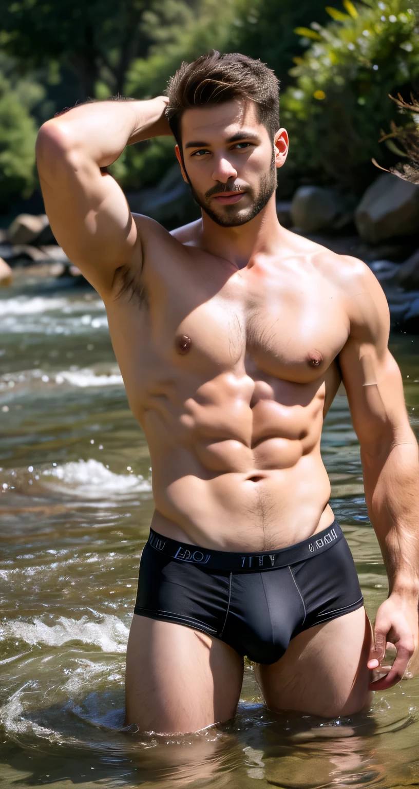  natural farther、Spain male、very handsome、abs、Pectoral muscle、 underwear、body hair、full-length picture，in the river，outside