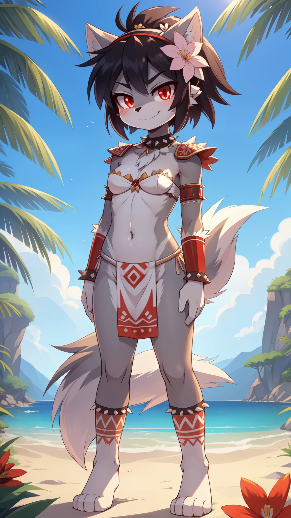score_9,score_8_up,score_7_up, source_cartoon, source_furry, furry girl, wolf, black hair, punk hairstyle, huge long spiky ponytail, anime style, ((small breasts, flat chest)), red eyes, ((white strapless bra, white loincloth, tribal, jewerly, flower on hair, tribal shoulder pads)), high quality, detailed body, detailed eyes, detailed face, masterpiece, glistening body, detailed body fur, best quality, two tone body, gray fur, clear gray fur, perfect lighting, perfect shadows, perfect eyes, perfect hair, perfect face, gorgeous body, skinny, glowing red eyes, speed lines, motion blur, solo, smirk, beach, clear sky, full body, feets with three toes, standing, thick outline, anthropomorphic, countershading, hands on hips,