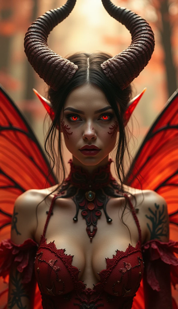 Animated Fairy, in magical forest, theme red and mix with orange,
Make fariy scarry and gorgeous with horns
And make girl adult
Change the outfit not make bold outfit
Perfect but one person only