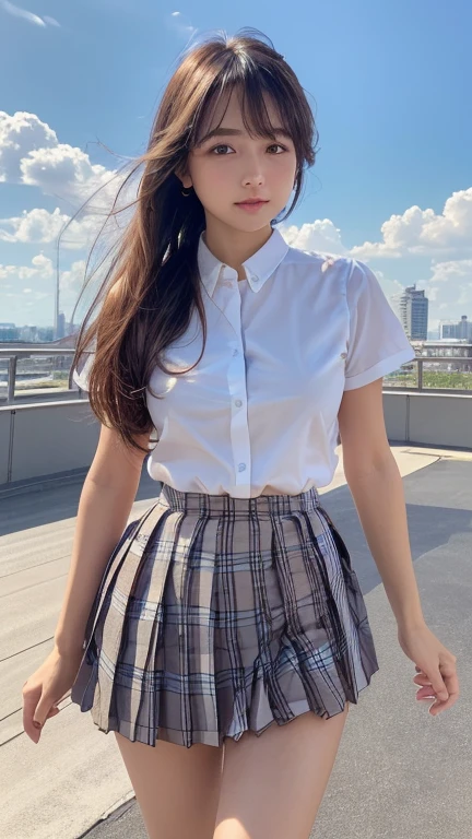 masterpiece,Highest quality,1 person,1,Cowboy Shot,Front view,Young and cute Japan,A small smile,Lunch break,((rooftop,Beautiful red blue sky)),((the wind is strong:1.5)),((long flowing hair:1.5)),((Skirt flip:1.5)),Schoolgirl uniform,Summer clothes,The uniform is made of thin fabric、wear,((Super mini check pattern pleated mini skirt:1.6)),No underwear,No pants,White blouse,Rolled up sleeves,(Nipples are visible)、Very cute face,Baby Face,Shiny唇,Big eyes,Brown eyes,Double eyelids on both eyes,(Natural Makeup),Shiny, Smooth, Long light brown hair,Asymmetrical bangs,Center image,8k resolution,Attention to detail,Detailed hairstyle,Detailed face,Cinema Lighting,Octane Rendering,Ultra-realistic,Perfect limbs,Beautiful legs,Voluptuous thighs,Shapely breasts,(Glowing Skin,Sweaty:1.3),Perfect Anatomy,((Natural relaxed pose:1.3)),Professional photos