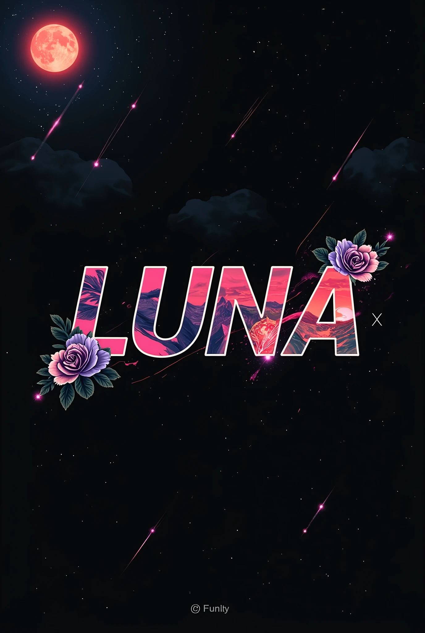 High resolution, logo spelling swiftly “Luna” cool, Jdm theme, anime theme, Cyberpunk vibe name spelling, brand logo, logo for tshirt, brand logo “LUNA”, neon vibes, acid trip vibes, acid trip, shooting stars, acid trip inside “LUNA”, acid trip, hallucinations inside “LUNA”, Waves of hallucinations, stars in the background, red strange moon, white roses with green leaves, blood moon, 