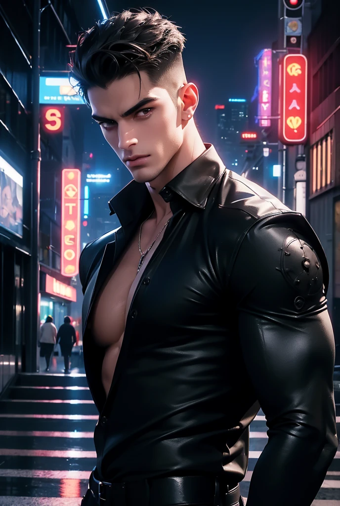 ((masterpiece)),((best quality)),((ultra high detailed)),((realistic,)), a tall handsome muscular young man, cyberpunk, solo, extremely detailed face and body, (shiny smooth skin), hot glow in his skin, perfect facial features, beautiful eyes, short hairstyle, sexy gaze, looking at the viewer romantically, open shirt, Futurist era city, architectural streets, futuristic train lines, buildings, night, European city, rainy, neon lights, sexy posture,