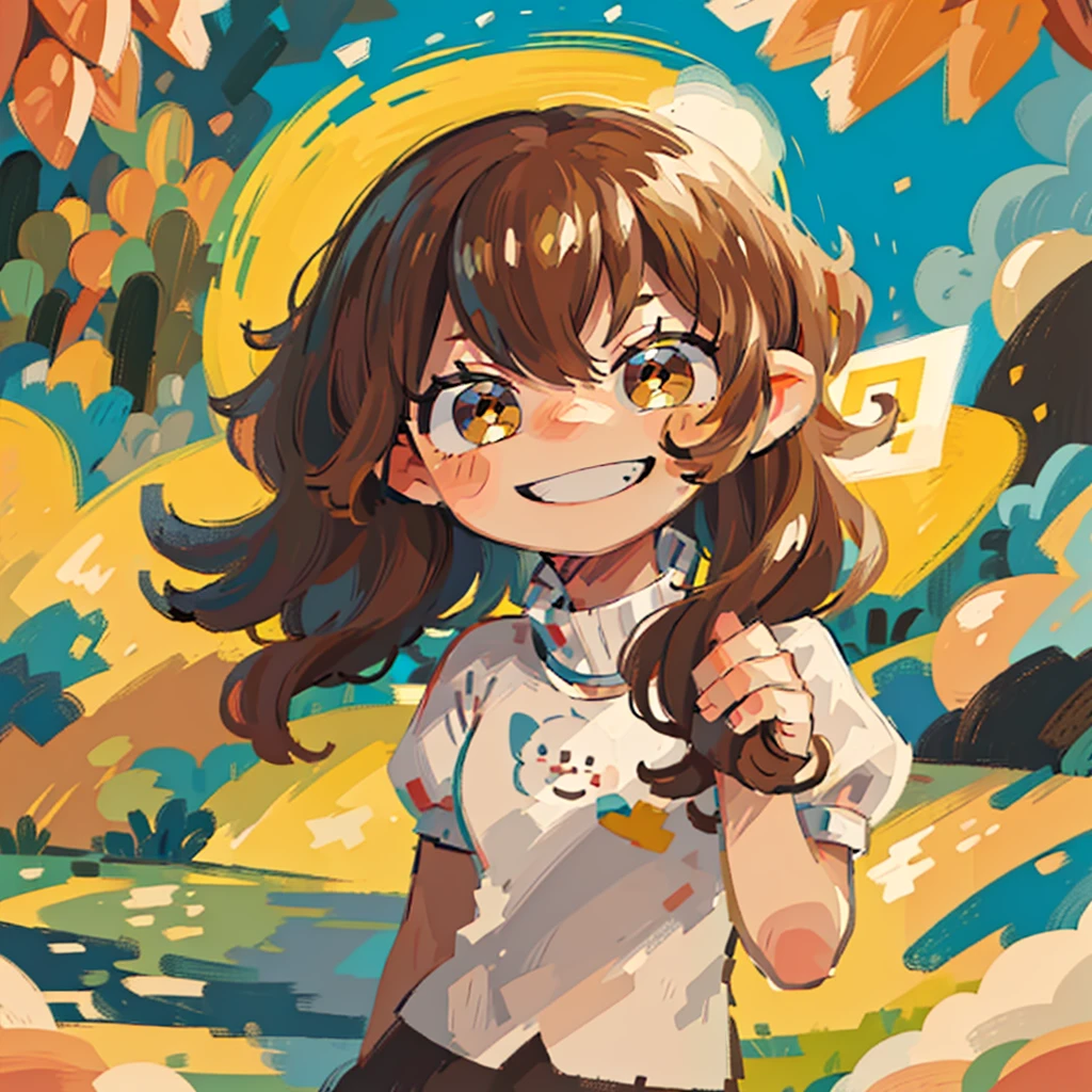 ((SFW)), 
((best quality,4k,8k, high res,masterpiece:1.2), ((masterpiece)), (((best quality))), 
((masterpiece)), (((best quality))), Illustration, 1 girl, hair color, hairstyle fax, eyes, sharp style, smug, yellow, sharp pose, strong woman, brown hair, long sharp hair, adventurous, funny, brown eyes, bold, sun theme, sharp yellow fashion, exciting pose, hairstyle fax, action, female, big smile, modern clothes, stylish, ESTP personality, 
 (({Mischievous ESTP aura})), 2d painting,(((SFW)))({ mischievous smug expressions})