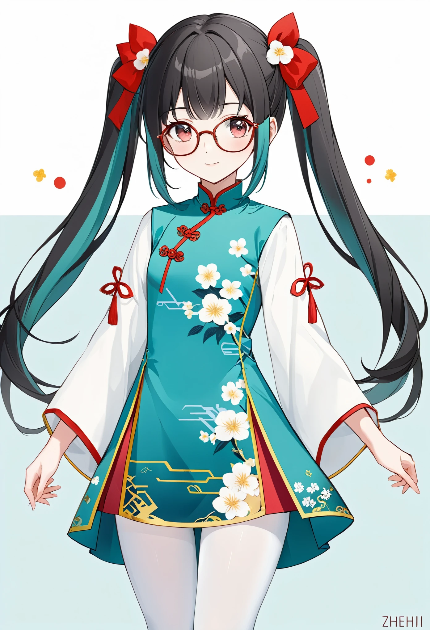 Zhezhi, twintails, multicolored hair, glasses, hair ribbon, chinese clothes, white pantyhose,