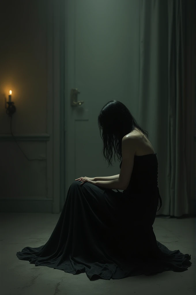 The women along sitting in a dark room with some warm yellow light and his think. To cut his hand and his crying waring black dress 