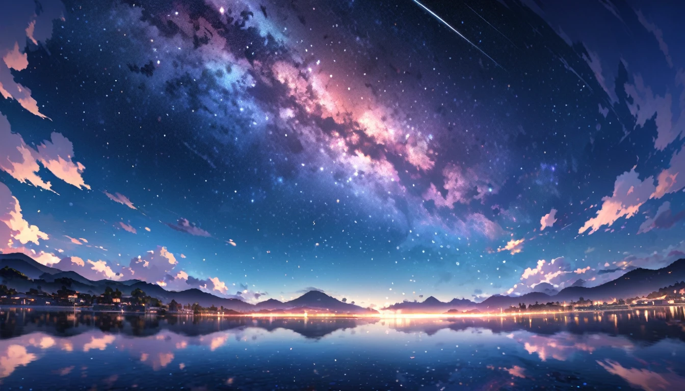 Angelic, Super detailed, Starry sky, nebula, horizon, Reflective water surface, Japanese scenery,