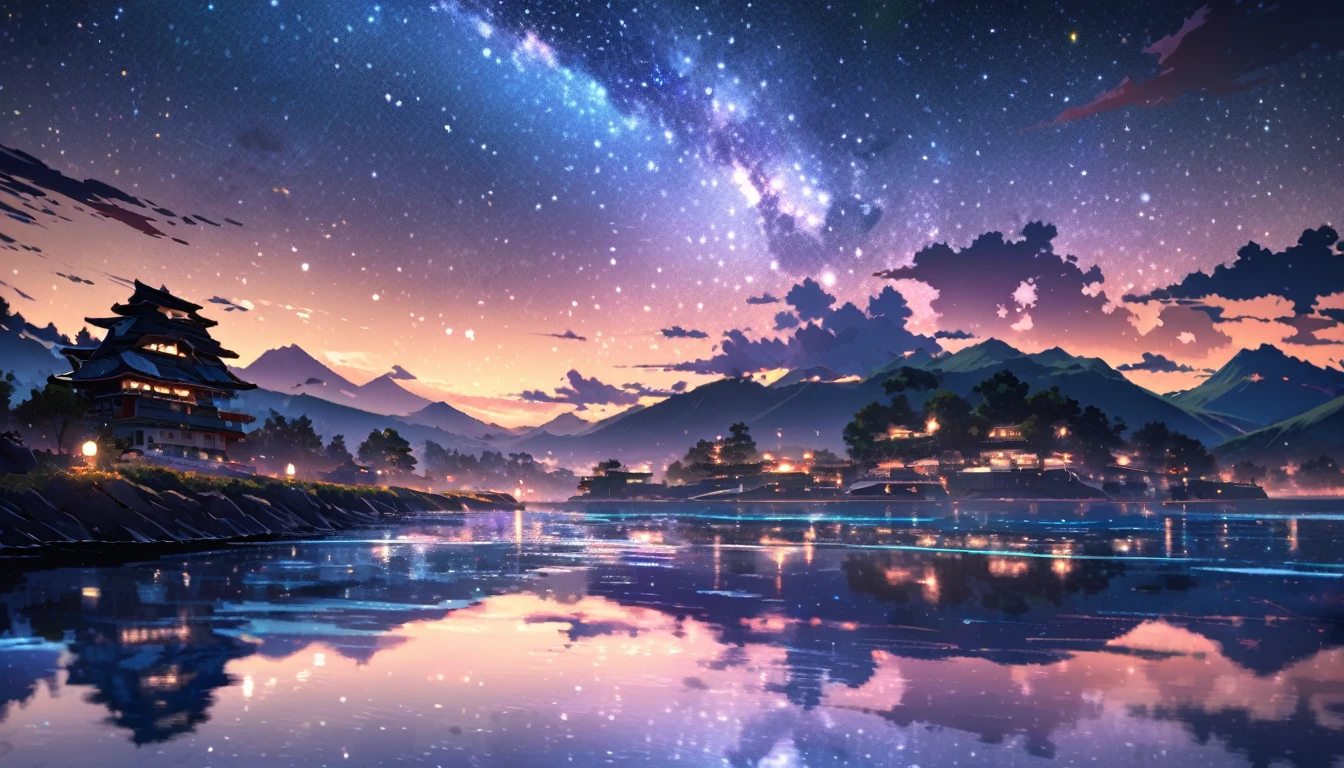 Angelic, Super detailed, Starry sky, nebula, horizon, Reflective water surface, Japanese scenery,