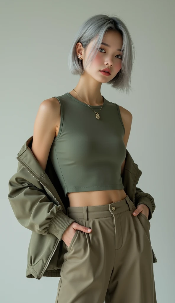 (8k, Photorealistic, RAW Photos, Highest quality: 1.4, detailed),A Japanese idol-like beautiful girl,model,1 person,1,(Short Bob),(Silver Hair),She has her hair tucked behind her ears,Large, clear gray eyes,Long eyelashes,(piercings(small)),(Lip gloss),lips(Plump,glossy),thin long neck,Thin and delicate shoulders,Mid-neck T-shirt,Sleeveless jacket(khaki)Layered,Wide leg pants(Long length(Ankles are hidden),khaki,Layered),boots,Cool pose,studio,Front view,Full body shot portrait