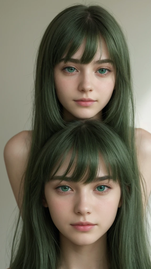 a girl. European. Extremely detailed face. Oval face. Delicate facial features. Half-closed eyes. Long straight hair. Messy hair. Bangs. Green hair. Green eyes. Pensive. Melancholic. Ethereal. Innocent. smile