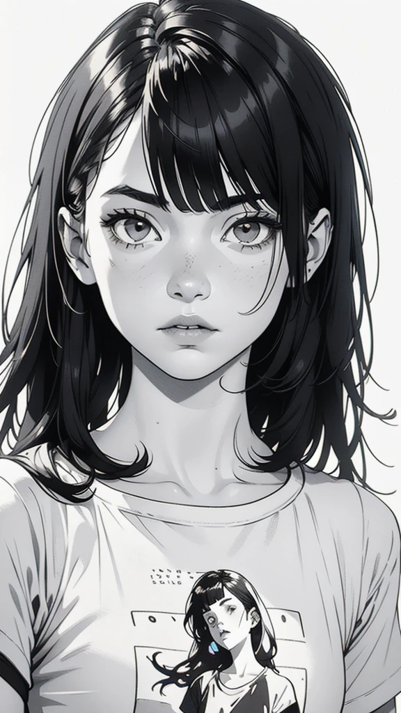 1 boyish girl, solo, sharp eyes, monochrome, greyscale, shoulder length black bangs hair, portrait, (blank white T-shirt), Thin eyebrows, closed mouth, looking at viewer, detailed lips, hatching \(texture\), without makeup, upper body, (best illustration), (best quality), (very detailed), (masterpiece), expressionless,