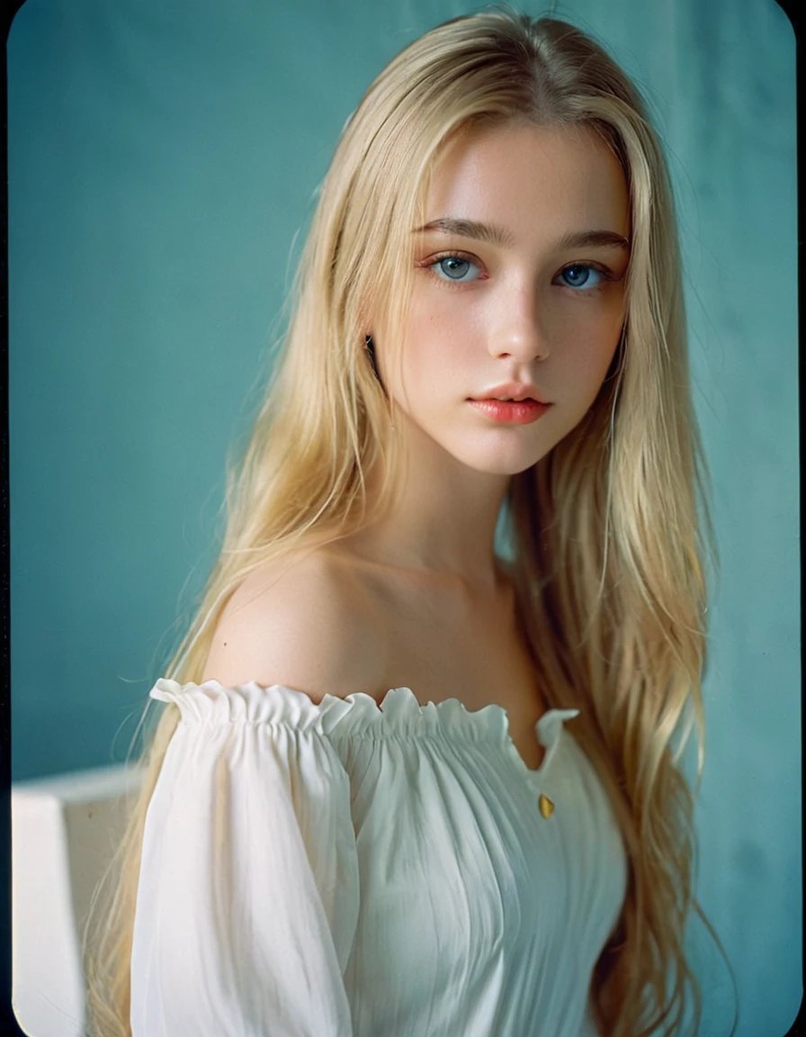 photoshoot, photo studio, RAW photo, editorial photograph, film stock photograph, cinematic, posing, professional photo, full body portrait, whole front body photo, og, raw, f2, 35mm, an (amateur photo), flash photography, taken on an old camera, polaroid, 8k, highly detailed, (high quality, best quality:1.3), Extremely high-resolution, film grain, very long hair, picture of a beautiful young woman, NOT dasha_taran, sfw, ((natural blonde hair)), long (waist-length:1.2) straight blonde hair, natural, ((focused on full body)), blue eyes, white dress, solid pupils, realistic eyes in maximum detail, feminine expressions, photography, dslr, 35mm, Fujifilm Superia Premium 400, Nikon D850 film stock photograph, Kodak Portra 400 f1.6 lens, 8k, UHD, realistic skin, skin pores, closed mouth, fine small lips, facial symmetry, perfectly detailed face, big rfect body, amazingly attractive figure, woman with perfect figure, seductive, extremely handsome woman, top quality and ultra detailed face