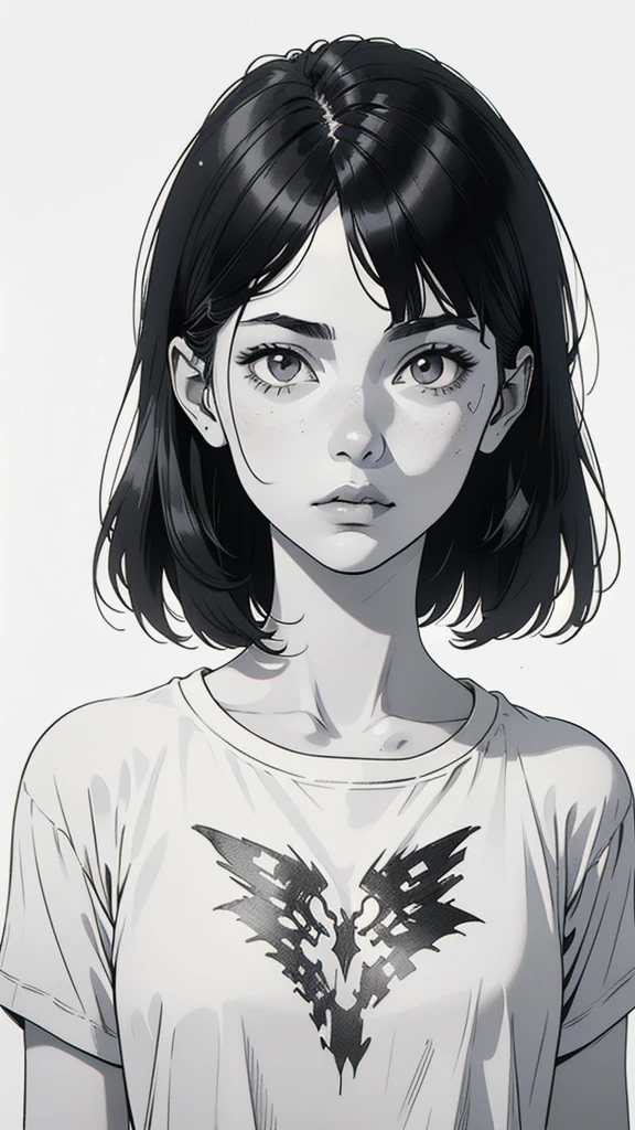 1 boyish girl, solo, sharp eyes, monochrome, greyscale, shoulder length black bangs hair, portrait, (blank white T-shirt), Thin eyebrows, closed mouth, looking at viewer, detailed lips, hatching \(texture\), without makeup, upper body, (best illustration), (best quality), (very detailed), (masterpiece), expressionless,