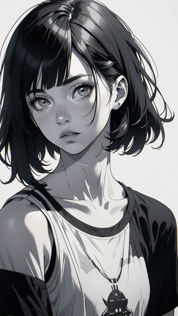1 boyish girl, solo, sharp eyes, monochrome, greyscale, shoulder length black bangs hair, portrait, (blank white T-shirt), Thin eyebrows, closed mouth, looking at viewer, detailed lips, hatching \(texture\), without makeup, upper body, (best illustration), (best quality), (very detailed), (masterpiece), expressionless,