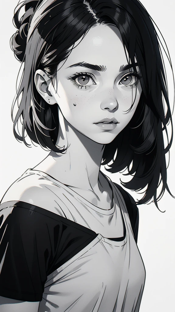 1 boyish girl, solo, sharp eyes, monochrome, greyscale, shoulder length black bangs hair, portrait, (blank white T-shirt), Thin eyebrows, closed mouth, looking at viewer, detailed lips, hatching \(texture\), without makeup, upper body, (best illustration), (best quality), (very detailed), (masterpiece), expressionless,