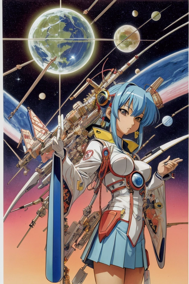 Hajime Sorayama, Naoyuki Kato, tatsuyuki tanaka, Masamune Shirow, Josh Kirby, Surrealism, strange, bizarre, fantastical, fantasy, Sci-fi, Japanese anime, Creation map, Go cosmology, miniskirt beautiful girl assembling an optical model space station, perfect voluminous body, detailed masterpiece