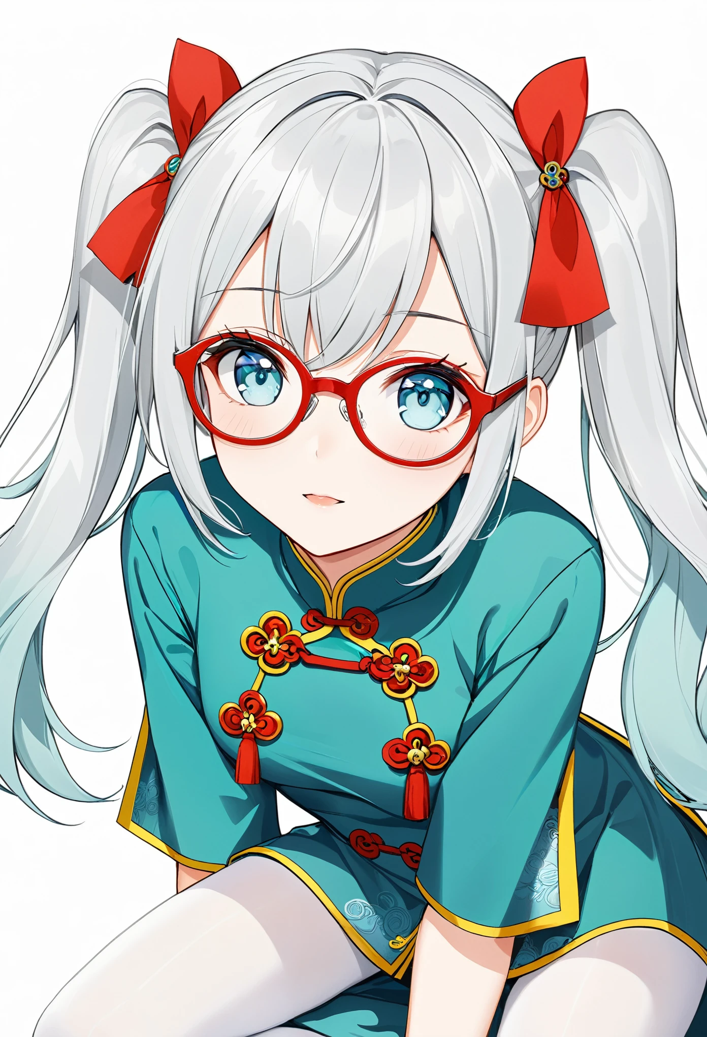 Zhezhi, twintails, multicolored hair, glasses, hair ribbon, chinese clothes, white pantyhose,