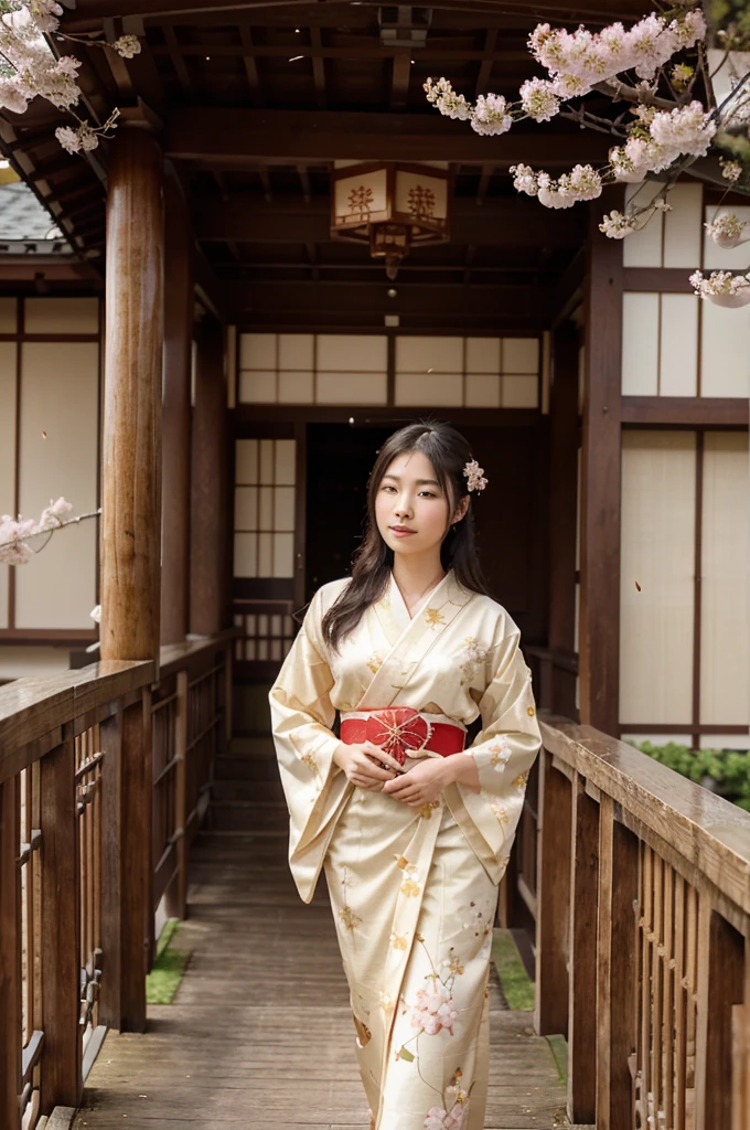 A serene photo of a young Asian woman in a traditional Japanese Royal Kimono standing gracefully on a wooden bridge. She holds a delicate fan with a golden design. Cherry blossoms are raining down around her, creating a springtime atmosphere. The background reveals a tranquil landscape with mountains and cherry blossom trees.