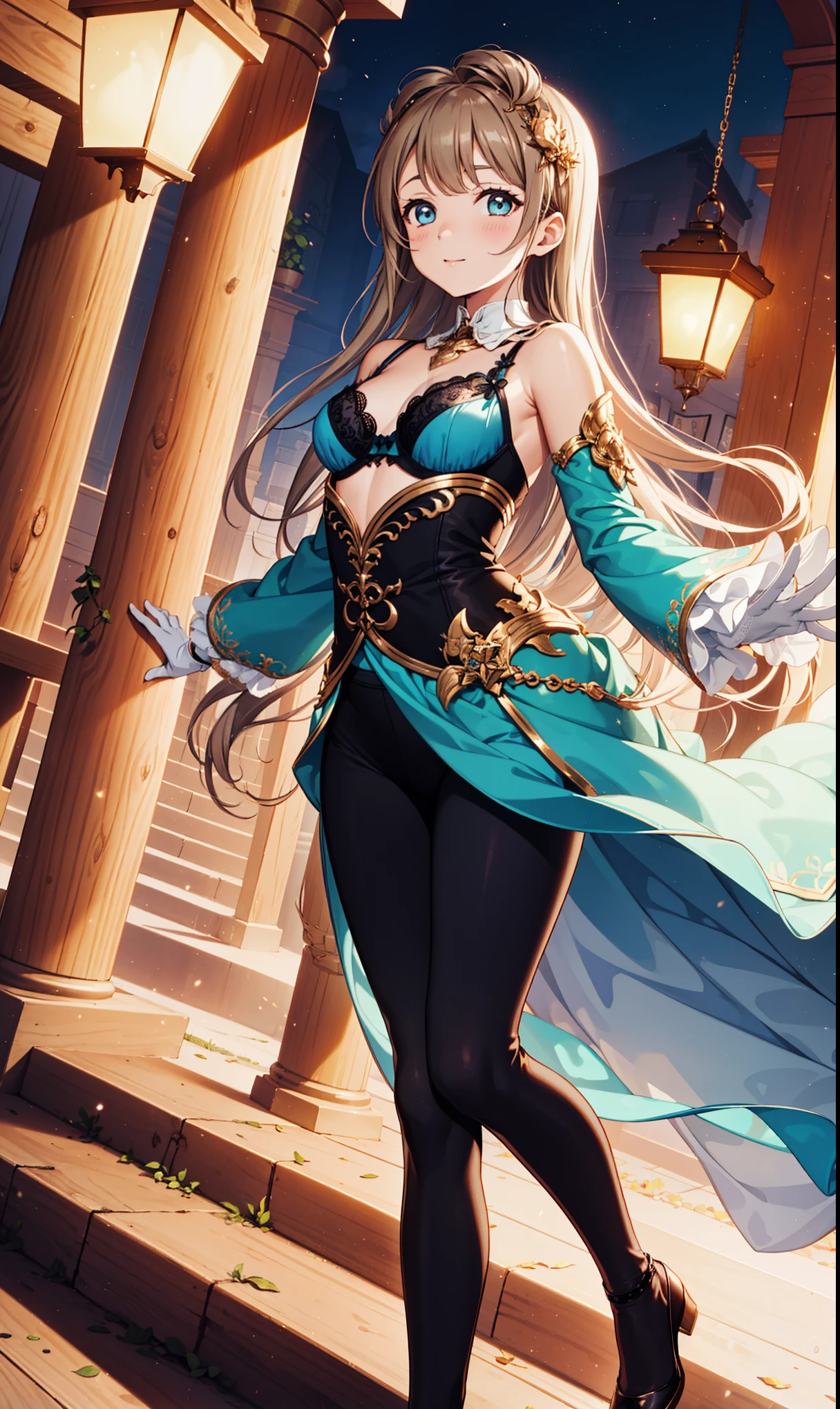 (masterpiece, Side Light, Delicate and beautiful eyes: 1.2), Smooth skin,happy,((Solitary),Drooping corners of the eyes,(High Detail Skin),(Perfect body),A beautiful girl,Small Breasts,Obsessed,((Bust Covering Bra)),(satin collar),(Short gloves are only half the length of a palm),Lace-up pantyhose,High waist pants,night,An expectant expression