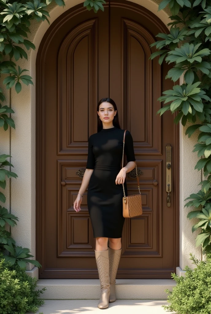 Create an image of a stylish woman standing at the entrance of a rustic wooden door, surrounded by lush green foliage. She should be wearing a high-waisted, knee-length black dress paired with beige knee-high boots. Add a tan quilted shoulder bag with a gold chain for elegance. The setting should exude a serene, chic ambiance with a blend of nature and classic architecture, focusing on neutral tones and greenery. Ensure the image captures the elegance and tranquility of the scene