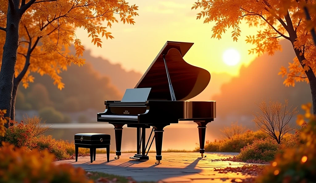 (photorealism:1.2), piano in autumn landscape park sunset yellow leaves