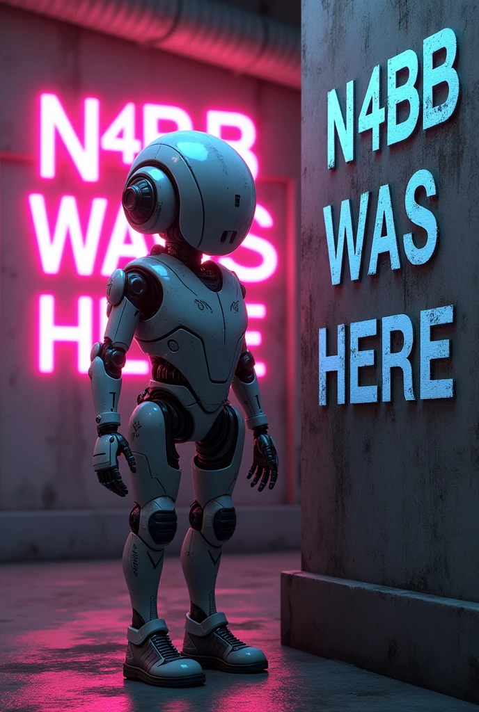 A humanoid robo boy. A quote “ N4B1B was here “ written in background capital letters.
Background quote more visible . The humanoid is in one side and the quote is in another. Neon lights