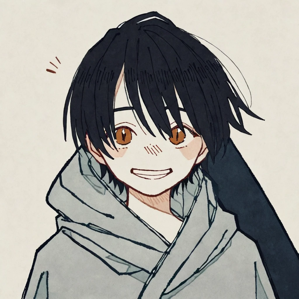 by tsvbvra, 1 boy, solo, Masterpiece, simple background, black hair ,simple background,, simple background, be smirked, heavy bangs, bangs, black Plain poncho, open one's mouth and grin. corner of the eye. corner of the eye. corner of the eye. corner of the eye