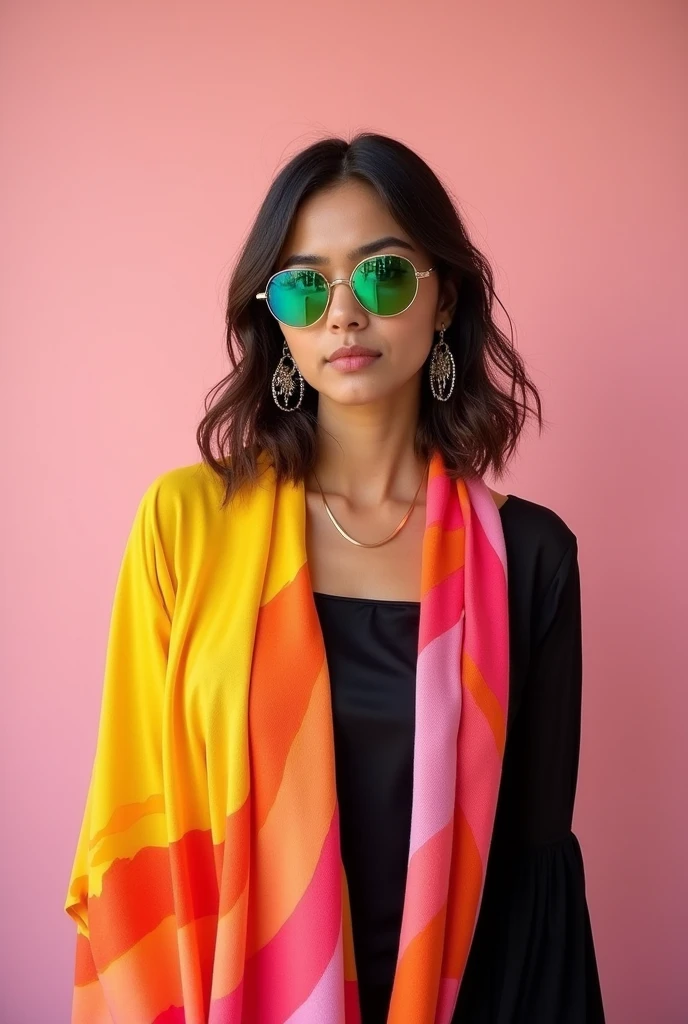 Kahsmir woman with a modern, stylish look. Thick and full eyelashes. Vibrant, flowing shawl with abstract waves of yellow, orange, pink, and red. Large hoop earrings and reflective sunglasses with green lenses. Black flowy top. Soft pink background. Painterly child's simple painting.She facing camera.