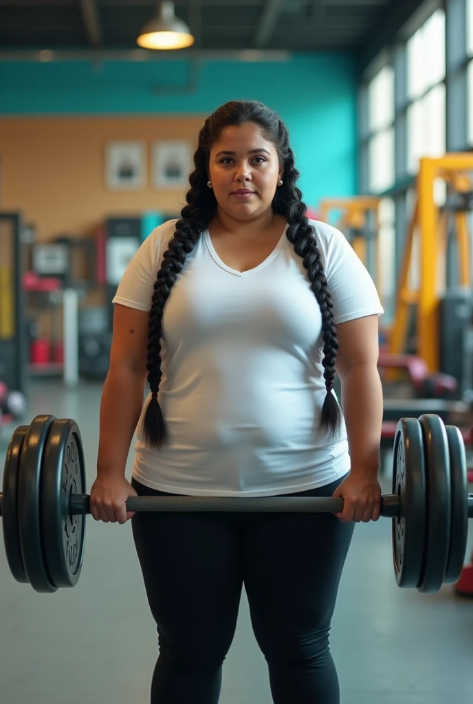 A overweight Girl, black hair, braided hair on both sides, white t-shirt, black legging, wear shoes, looking viewer, facing the viewer, excitement on the face, hand lifting big solo weights, trying to loose weight, back ground at many colored gym. realictics, You should not describe the chest and genital areas.