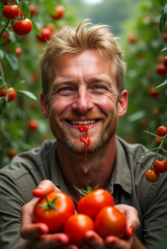 Lithuanian blond man eats lots of tomato