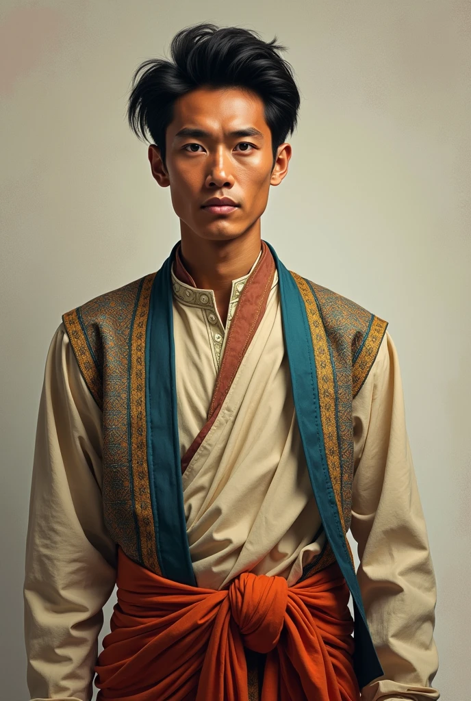 A myanmar traditional man, wearing myanmar longyi and traditional coat, realistric, portrait, handsome , handsome 