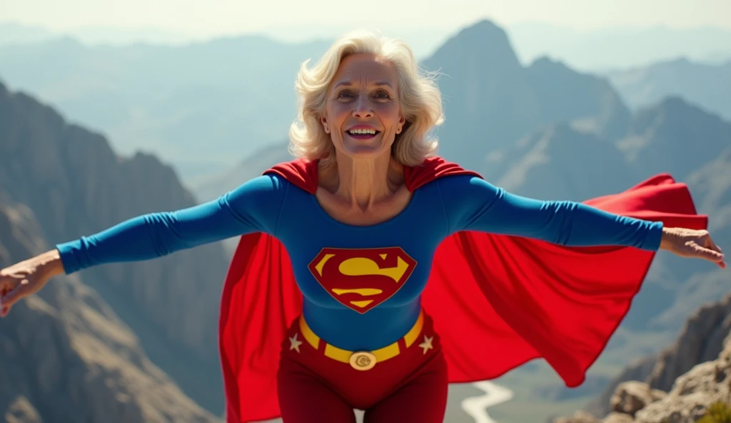 Old Supergirl Julie Hagerty(((very beautiful old Supergirl (((1984s Supergirl movie costume))); Julie Hagerty))) Super old woman Julie Hagerty; full body view; full body; stretched in the air, confident, powerful, indestructible, attractive, pousando no alto de uma montanha