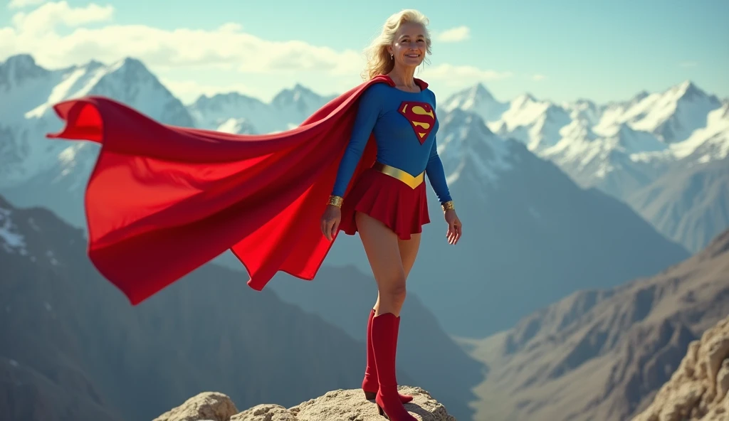 Old Supergirl Julie Hagerty(((very beautiful old Supergirl (((1984s Supergirl movie costume))); Julie Hagerty))) Super old woman Julie Hagerty; full body view; full body; stretched in the air, confident, powerful, indestructible, attractive, pousando no alto de uma montanha