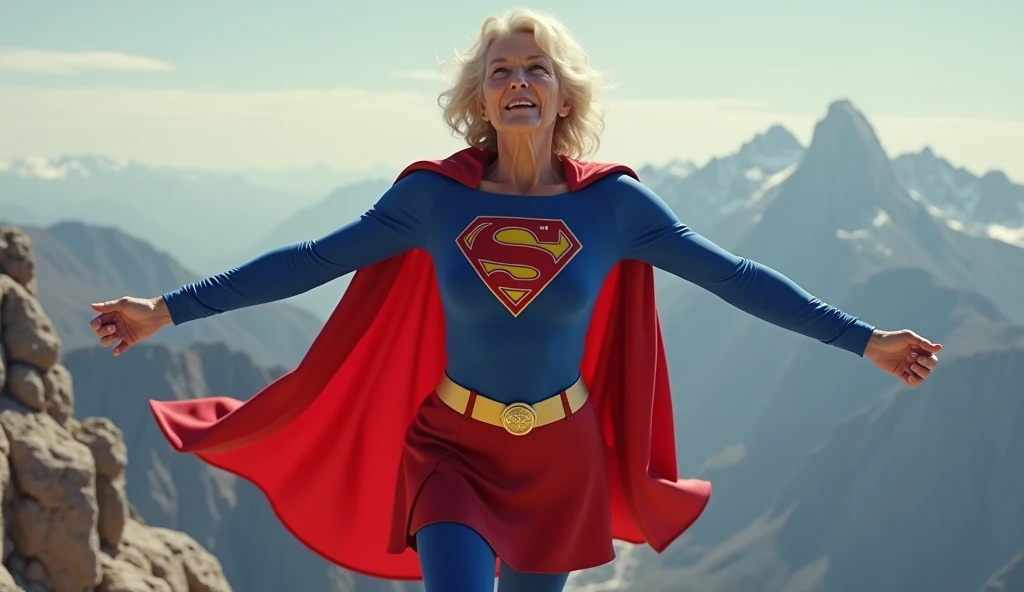 Old Supergirl Julie Hagerty(((very beautiful old Supergirl (((1984s Supergirl movie costume))); Julie Hagerty))) Super old woman Julie Hagerty; full body view; full body; stretched in the air, confident, powerful, indestructible, attractive, pousando no alto de uma montanha