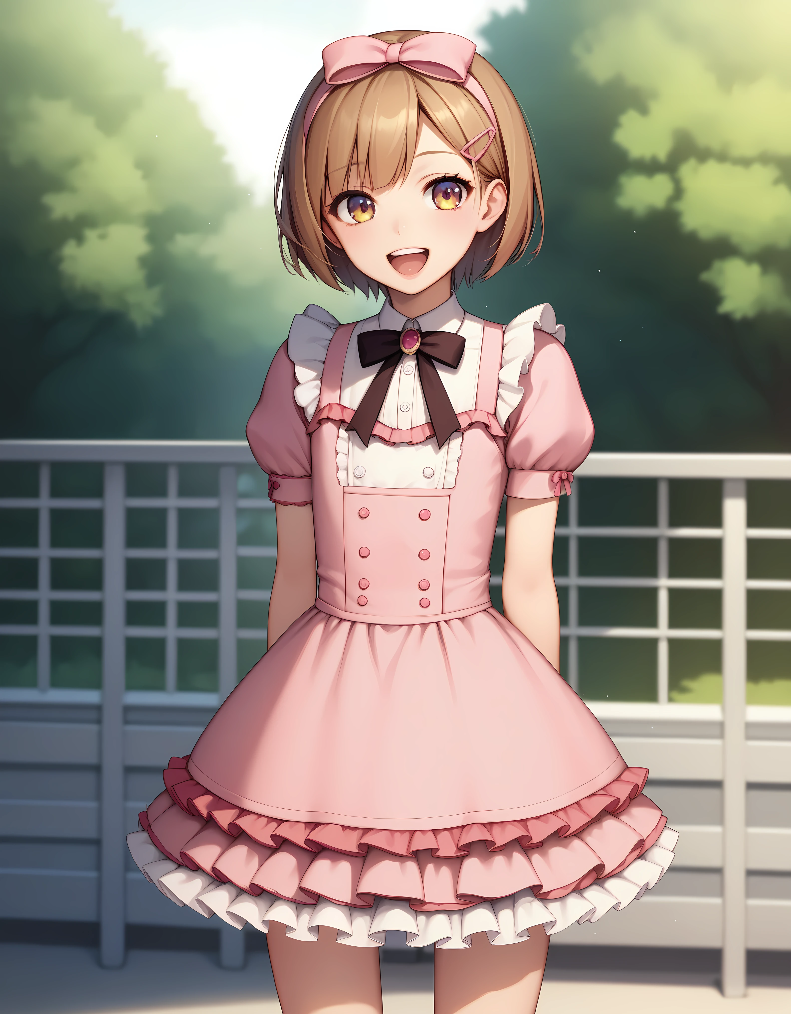 (masterpiece:1.2), best quality, highres, original, (extremely detailed:1.2), ultra-detailed, wallpaper, perfect lighting,(extremely detailed CG:1.2), 8k, anime illustration, HD, cute, kawaii, 1boy, crossdressing, solo, tomgirl, (tall height, 180cm height:1.3), brown hair, open the mouth, laughing, happy, hairclip:1.1), (Lolita Fashion, short sleeves, pink dress, mini dress, delicate dress, ruffles hemline, ribbon on dress, flat chest, breastless:1.2), thighs, standing, looking at viewer, frontal, outdoor, sunny