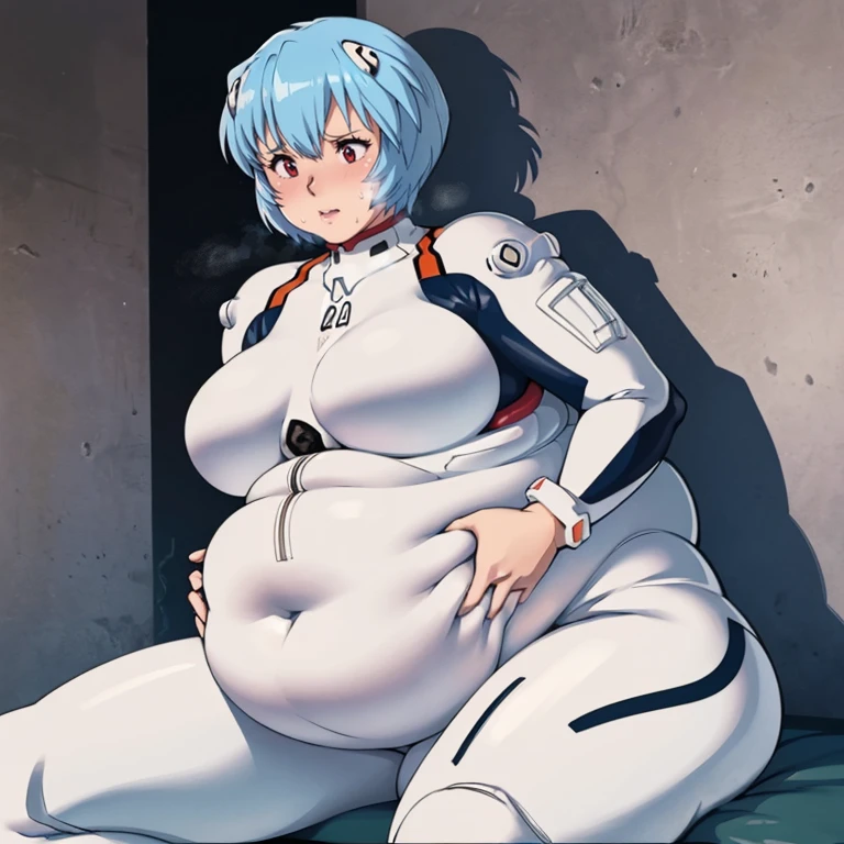 art by kipteitei, 1girl, light blue hair, rei ayanami from the anime evangelion, big plump belly, huge belly, (((white plug suit, white plug suit covers stomach))), blushing, minimalist room background, sitting in chair, grabbing her own belly, moaning, panting, visible breath, ((large growing stout and plump belly)), ahegao, eyes rolling backwards, she is blushing heavily, (((obese large belly, belly overhang))), overeating, ((((her belly is covered up by her plugsuit))))