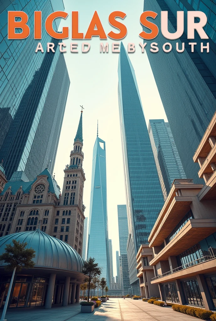 Make a magazine with a big word Buglas Sur Architects and sub title The Rays of the South with an Architects in front in front and Buildings design in the background.