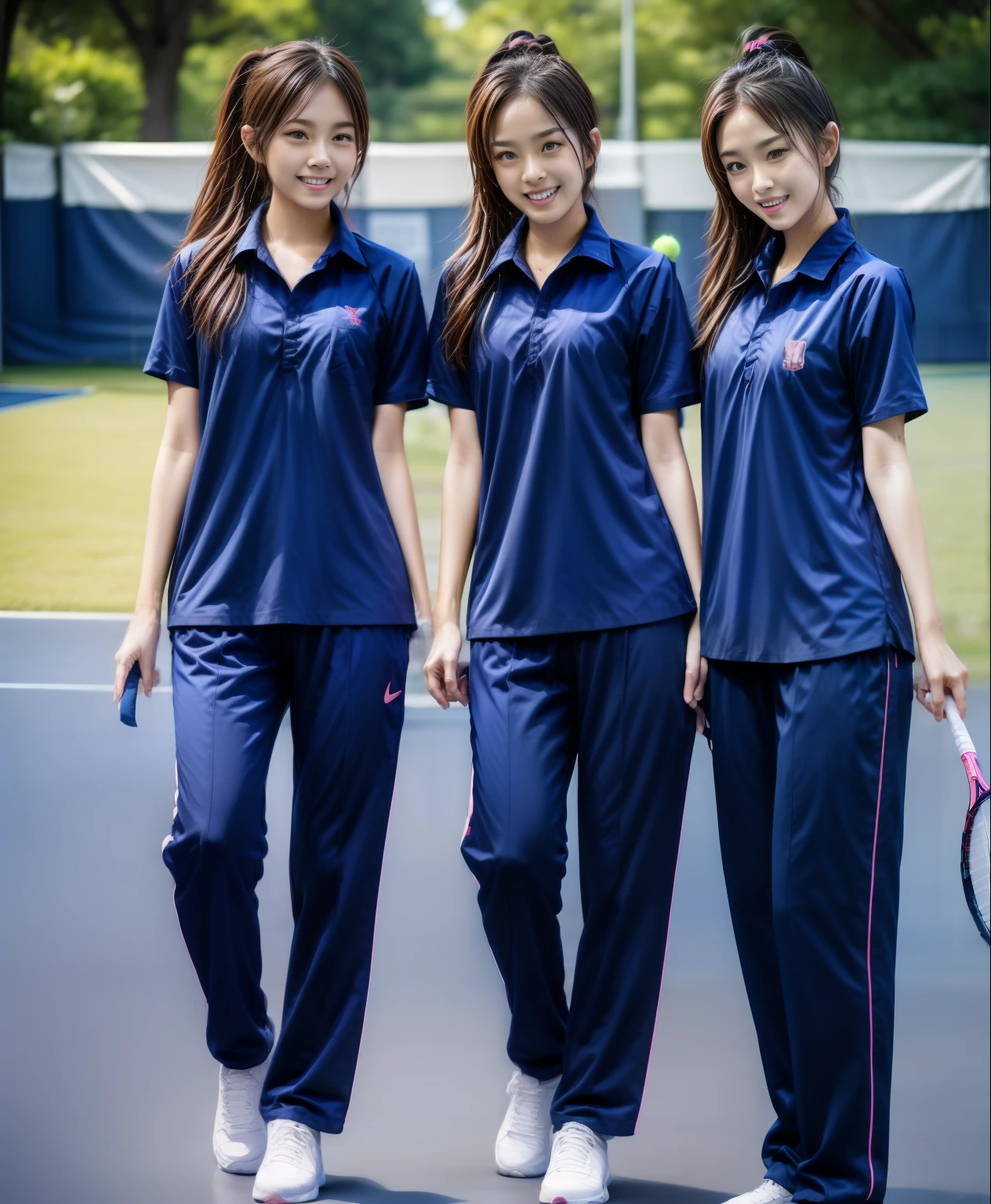 3 girls play tennis at tennis courts, Navy blue short-sleeved shirt,Navy Long Trackpant,Sweatpants, Sweatpantsขายาว,2 girl, lesbian, sexy, exercise clothes, wet body, exercise clothes